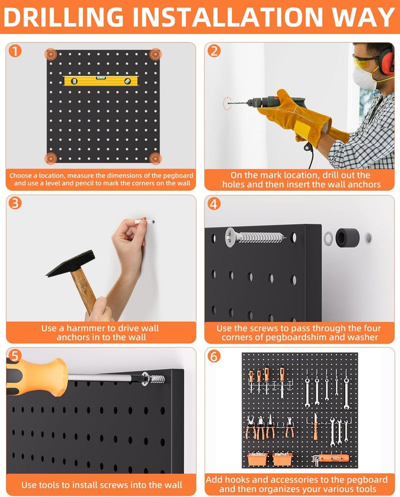 INCLY 4 Pack 12"x12" Black Metal Pegboard Panels, Heavy Duty Pegboard Wall Organizer with Frame, Black Peg Board for Walls, Garage, Workbench, Shed, Kitchen, Craft Room Tool Organization - Image 3
